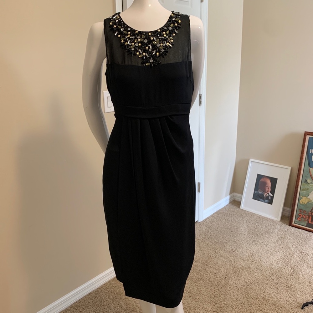 Magaschoni 100% Silk Beaded Jewel Neck Dress 6 NWOT Black Tulip Drape Tie Back